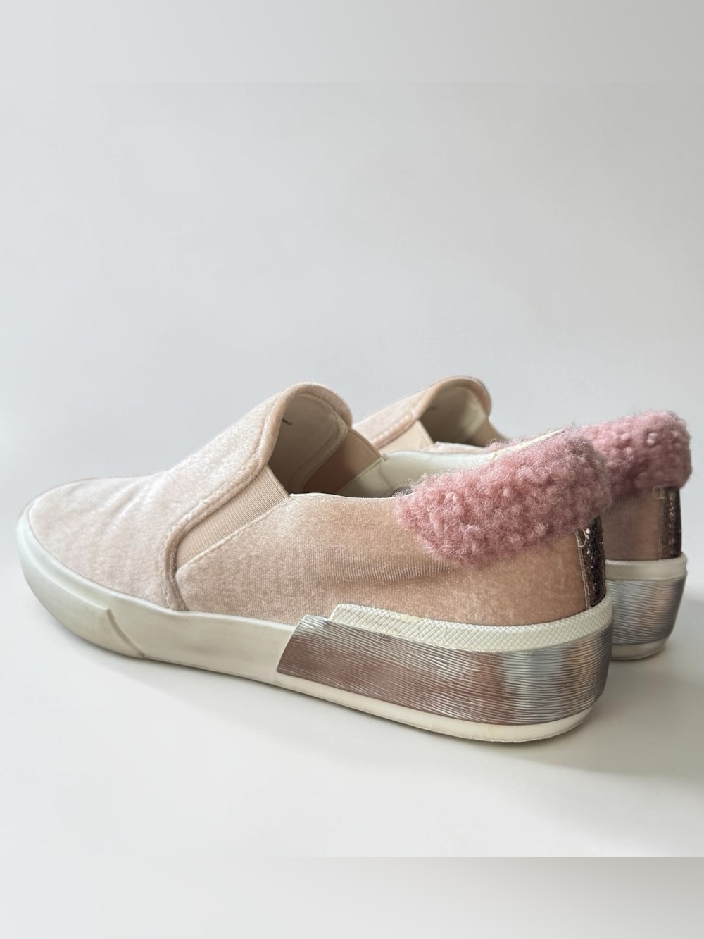 Velvet Slip On Sneakers in Blush Pink with Shearling Trim and Micro Wedge